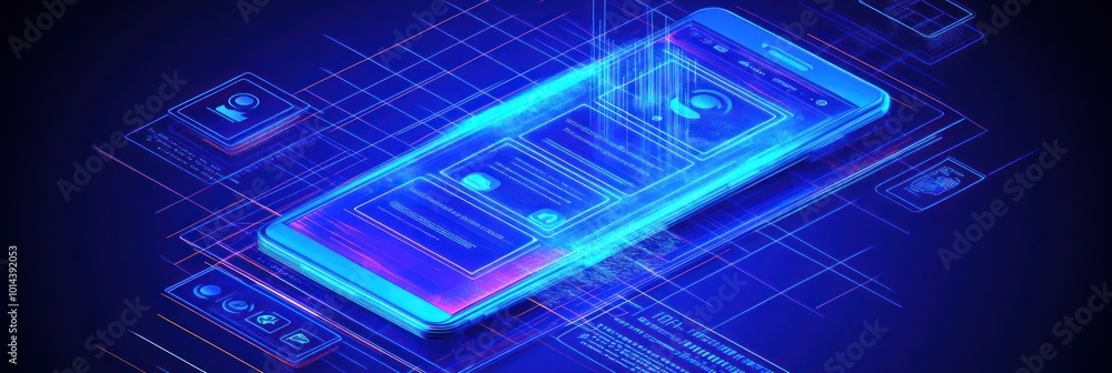 Poster a futuristic smartphone design with holographic elements and digital interface.
