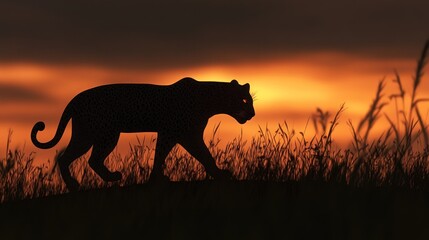Fototapeta premium A silhouetted leopard walks against a vibrant sunset backdrop.