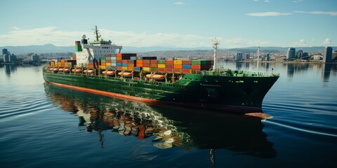 Fototapeta premium A Large Cargo Ship, Laden with Colorful Containers, Tranquilly Sails Across the Calm Water, Reflecting the Blue Sky and Distant Cityscape
