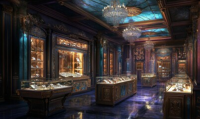 Ornate interior with glass display cases.