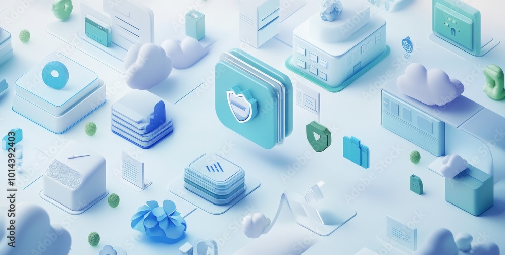 Aufkleber a digital illustration featuring various abstract icons representing technology and data management.