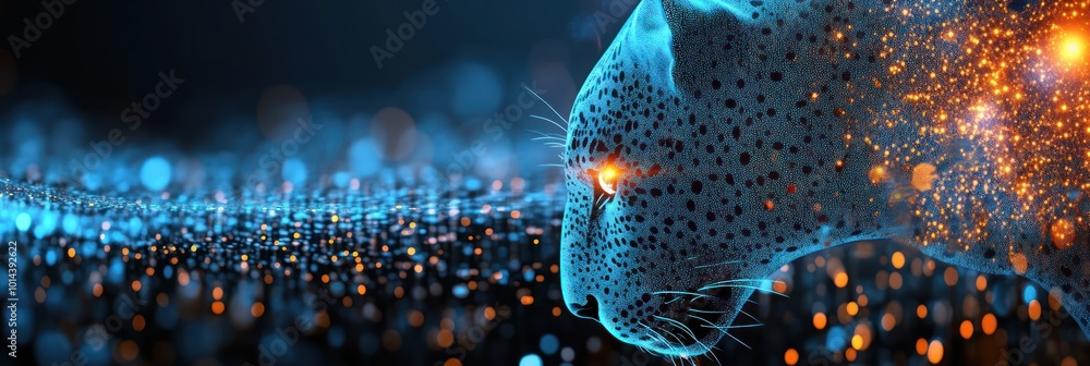 Poster A digital artwork of a leopard's head with glowing effects and vibrant particles.