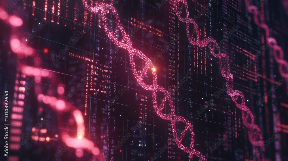Poster a digital representation of dna strands against a backdrop of data and technology.