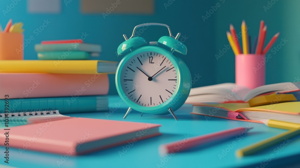 Poster A colorful study space featuring an alarm clock, notebooks, and stationery.