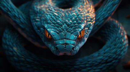 Fototapeta premium A close-up of a vibrant blue snake with striking orange eyes, highlighting its scales and texture.