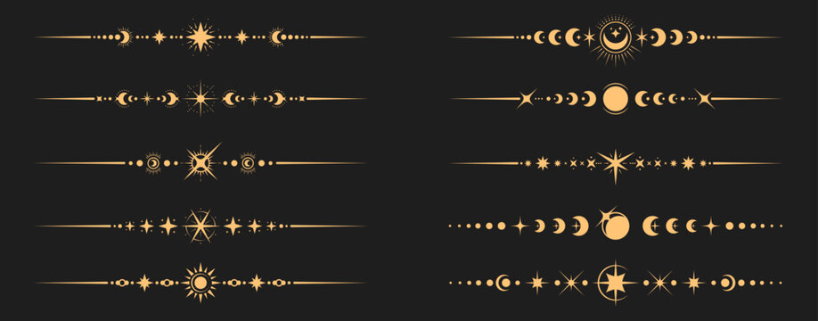 Mystic celestial divider borders with magic symbols of sun, moon and stars, vector boarders. Dividers and borders with mystic celestial signs for Tarot frames, astrology and esoteric sacred geometry