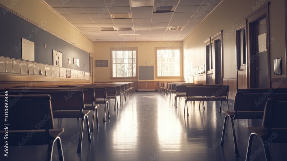 Poster a quiet, empty classroom with chairs arranged in rows, illuminated by soft sunlight.
