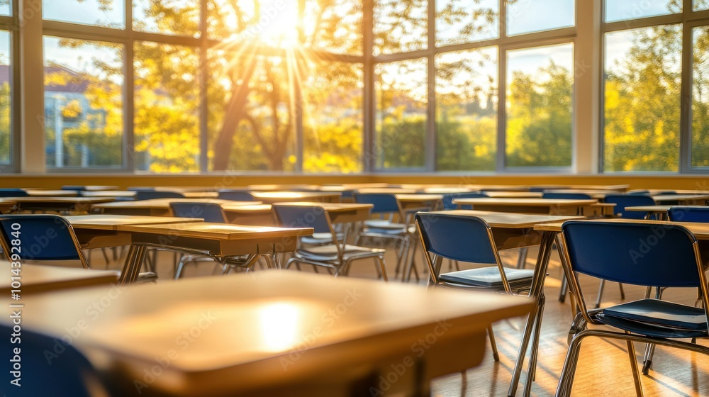 Poster a sunlit classroom with empty desks and chairs, creating a serene learning environment.