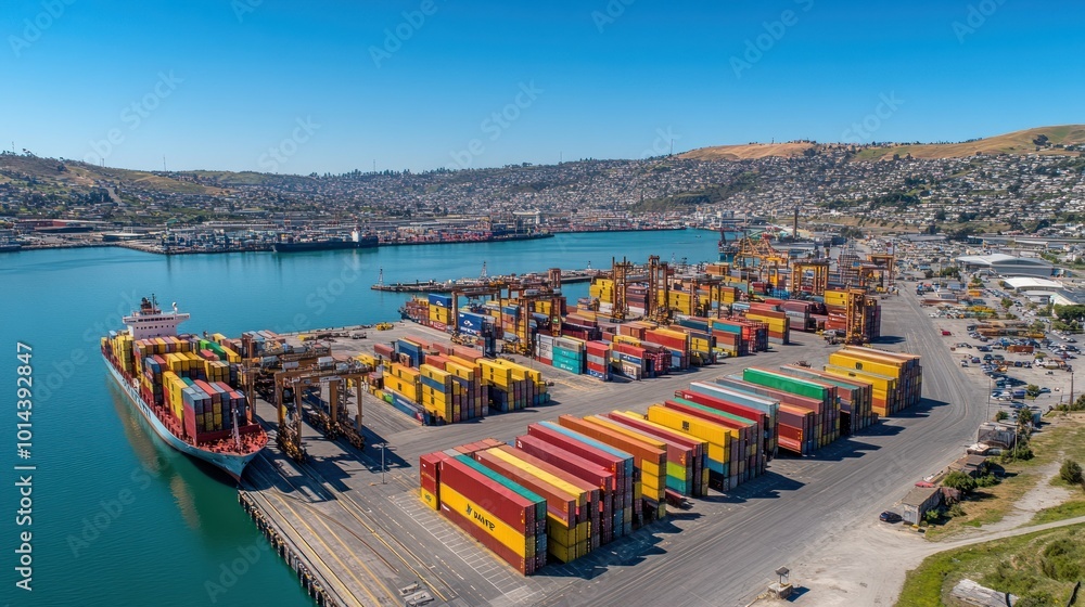 Poster aerial view of a busy shipping port with colorful containers and a docked cargo ship.