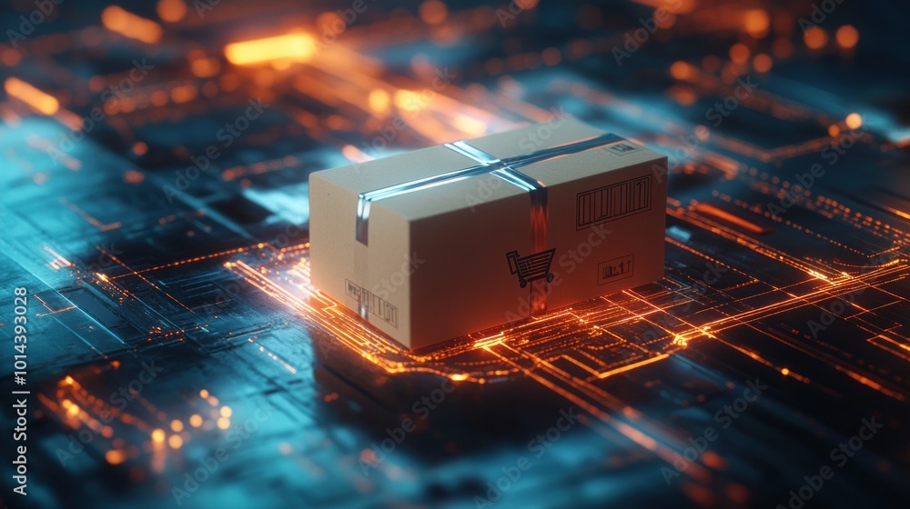 Poster a digital representation of a delivery box on a circuit-like background.