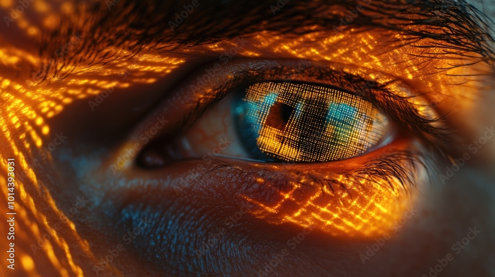 Poster a close-up of an eye reflecting digital patterns and light, symbolizing technology and perception.
