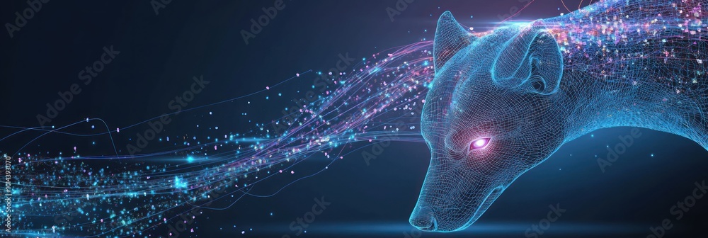 Poster a digital representation of a wolf's head with flowing data streams.