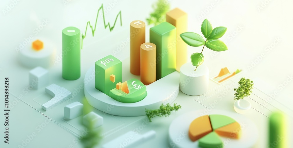 Poster a 3d visualization of data analytics with graphs, charts, and greenery.
