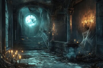 Floating candles and cobwebs in a grand, decrepit hallway, moonlight streaming through cracked windows