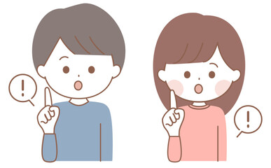 ビックリして指差しポーズをする男性と女性のセットイラスト