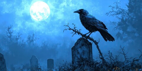 Fototapeta premium Crow perched on a withered tree branch in a foggy graveyard, moonlight casting an eerie glow on the mist below.