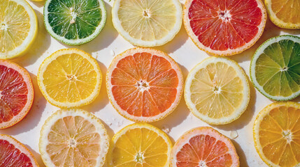 Vibrant citrus slices of oranges, lemons, grapefruits, and limes in summery pattern