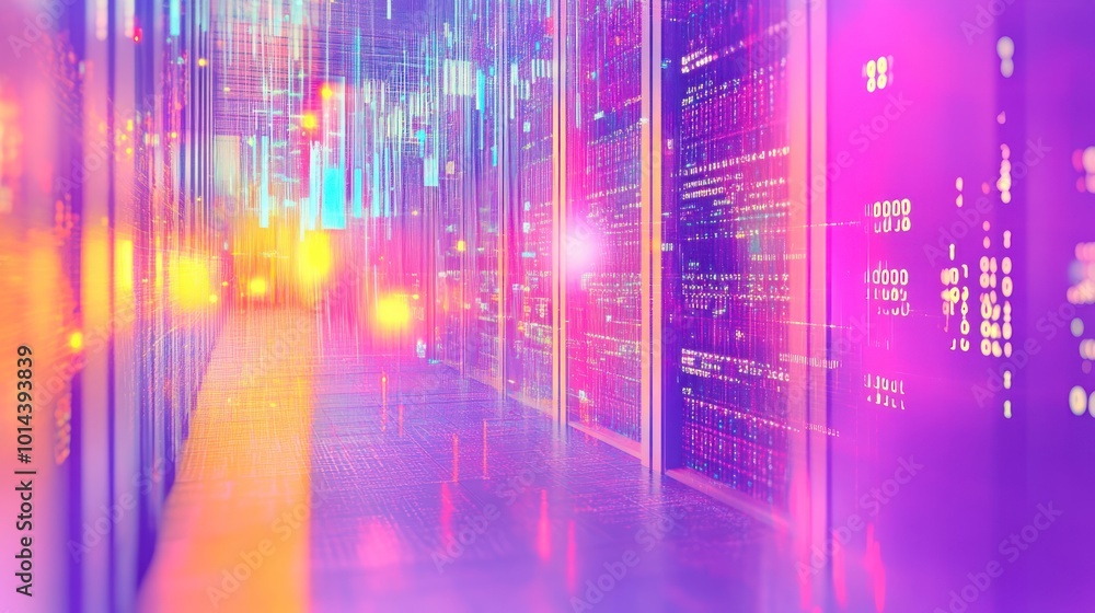 Poster abstract representation of a data center with vibrant colors and digital elements.
