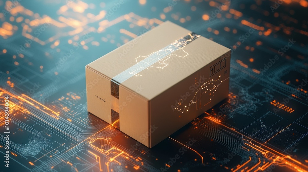 Poster a digital representation of a cardboard box with circuit patterns, symbolizing technology and logist