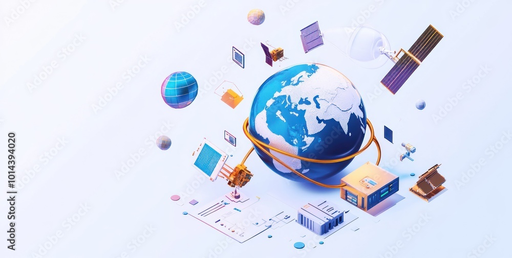 Poster a digital representation of earth surrounded by technology and data elements.