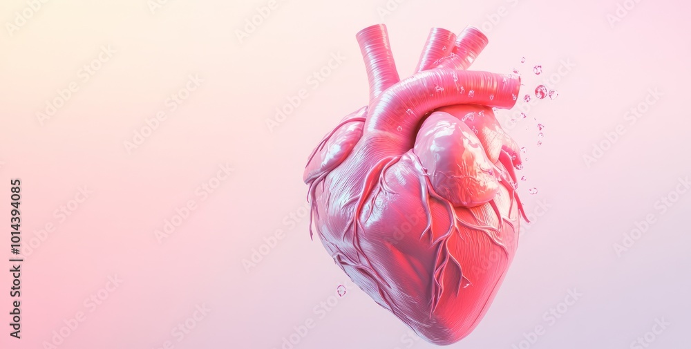 Poster a stylized 3d rendering of a human heart against a soft gradient background.