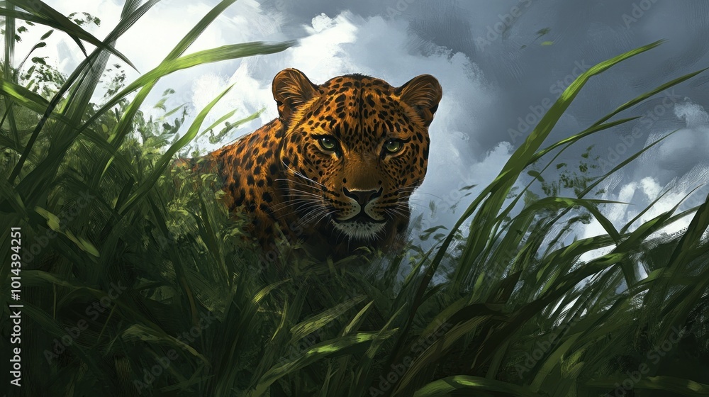 Sticker A leopard stealthily emerges from tall grass under a moody sky.