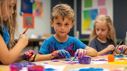Fototapeta premium Children engaged in a colorful art activity, showcasing creativity and playfulness.
