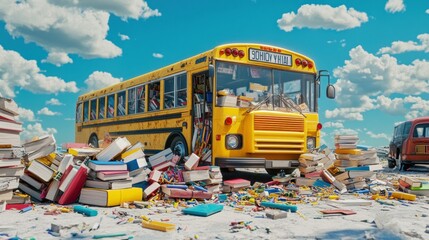 Obraz premium A whimsical yellow school bus surrounded by piles of books and colorful supplies.