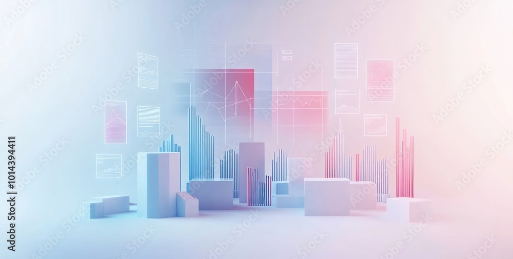 Poster abstract representation of data analytics with geometric shapes and graphs.