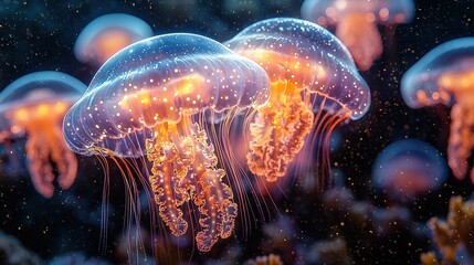 Fototapeta premium Colorful Jellyfish Underwater with Glowing Effects