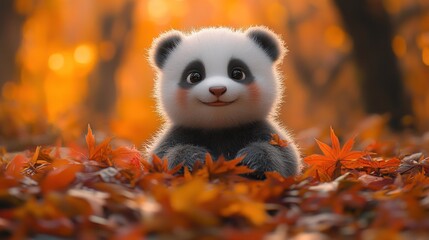 Cute panda sitting among colorful autumn leaves.