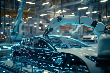 Obraz premium The welding arm on the automobile production line is being welded