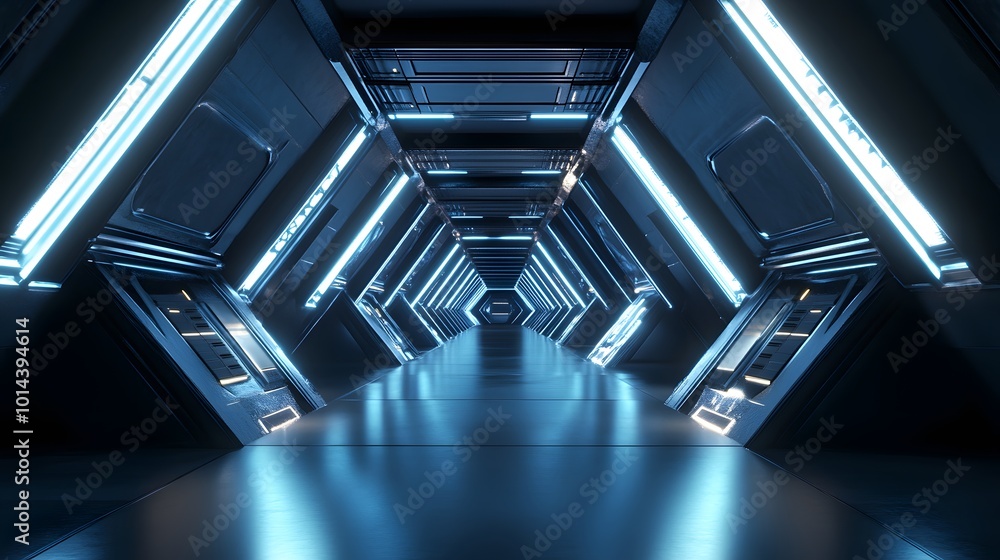 Poster abstract triangle spaceship corridor. futuristic tunnel with light. future interior background, busi