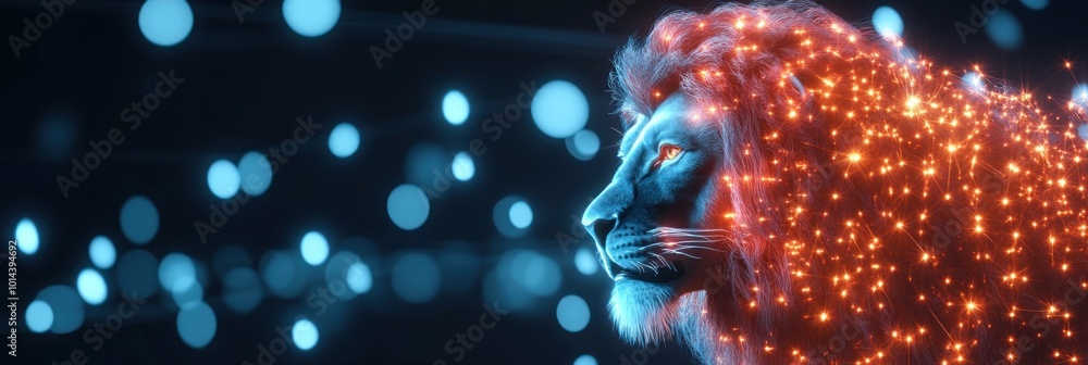 Wall mural A glowing lion's silhouette surrounded by vibrant blue lights, symbolizing strength and energy.