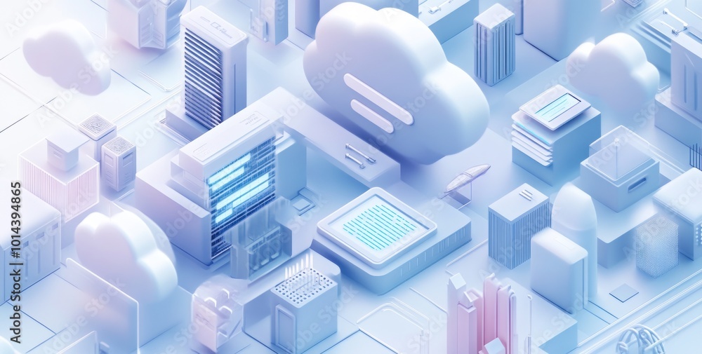 Poster abstract 3d cityscape with clouds and data servers, symbolizing technology and connectivity.