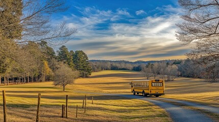 Fototapeta premium A yellow school bus drives along a winding road in a serene rural landscape at sunset.