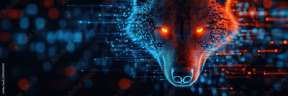 Poster a digital wolf head illuminated with glowing eyes, surrounded by abstract data patterns.