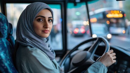 A confident female bus driver, wearing a hijab, sits behind the wheel of a city bus, ready for her shift. The blurred urban background through the window adds a sense of busy city life in motion