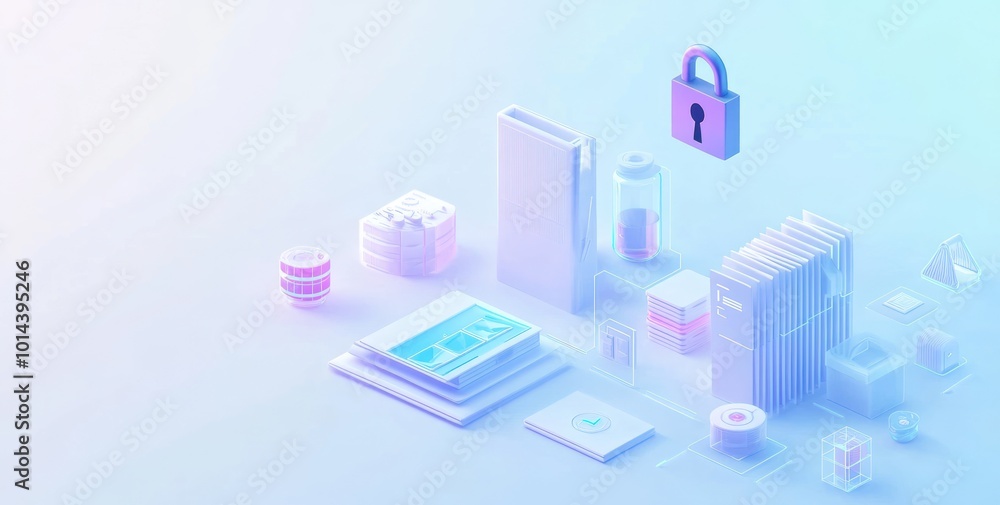 Poster a digital illustration featuring security elements and urban structures in a soft color palette.