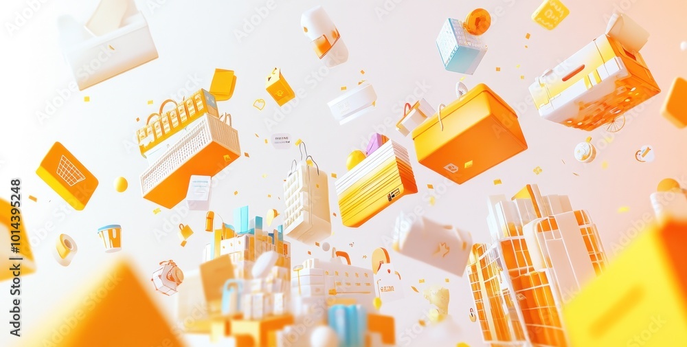 Poster a vibrant array of floating shopping items and buildings, symbolizing commerce and creativity.