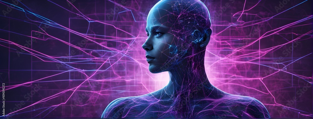 Wall mural abstract representation of artificial intelligence, with neural network patterns glowing in neon blu