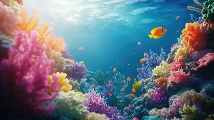 Fototapeta premium A colorful coral garden under the sea, teeming with marine life. Copy space in the blue water.