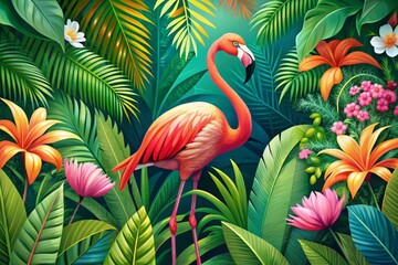 Fototapeta premium Bright tropical vector illustration depicting a flamingo amid vibrant foliage and exotic plants, ideal for enhancing