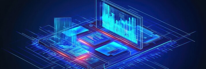 A digital representation of a circuit board with data visualization elements.