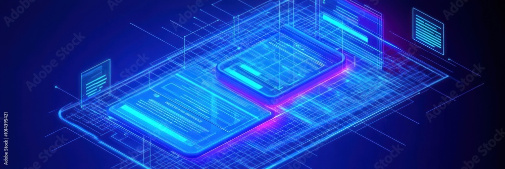 Poster a digital representation of interconnected devices with a futuristic design.