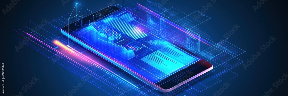Poster a futuristic smartphone displaying digital data and graphics in a vibrant blue design.