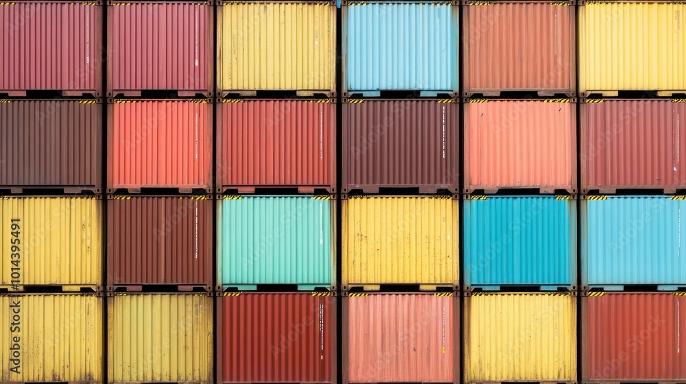 Poster a colorful arrangement of shipping containers stacked in a grid pattern.