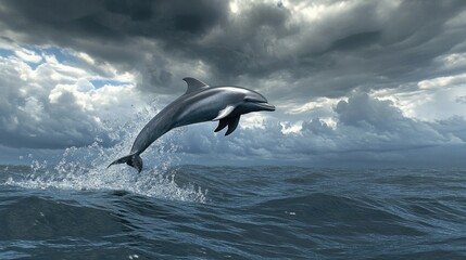 Obraz premium A dolphin leaping through the surface, with a vast ocean backdrop for copy.