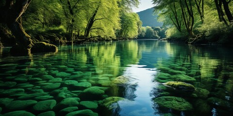Fototapeta premium A Tranquil Forest Stream Reflects the Lush Canopy Above, Revealing a Mosaic of Moss-Covered Stones Beneath the Crystal Clear Water