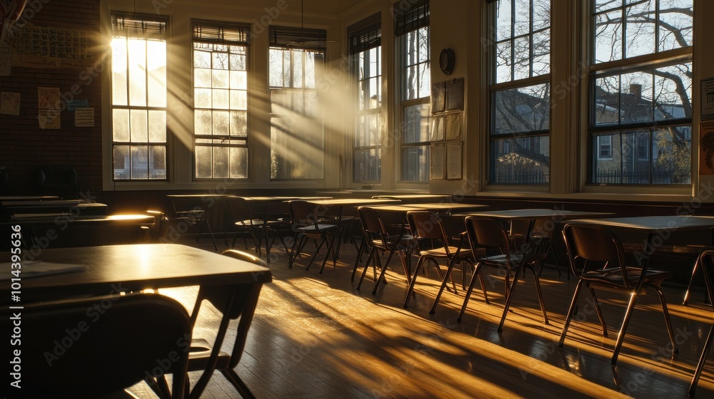 Poster a sunlit classroom with empty desks and warm rays illuminating the space.